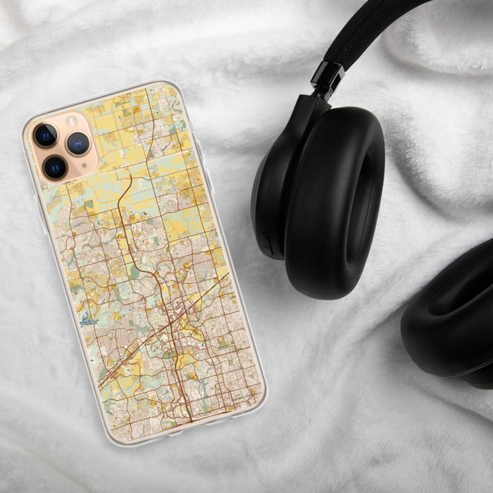 Custom Frisco Texas Map Phone Case in Woodblock on Table with Black Headphones