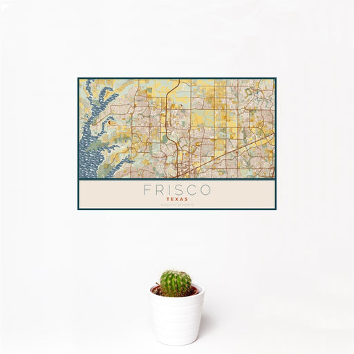 12x18 Frisco Texas Map Print Landscape Orientation in Woodblock Style With Small Cactus Plant in White Planter