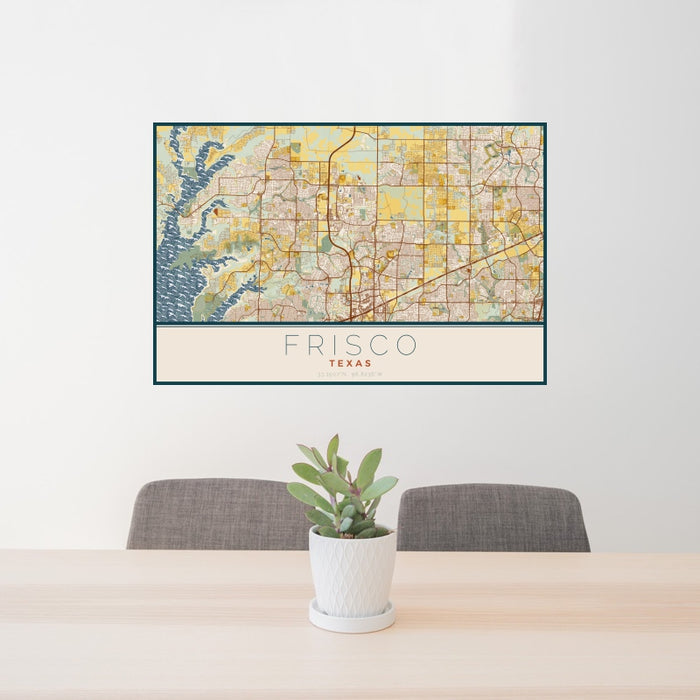 24x36 Frisco Texas Map Print Landscape Orientation in Woodblock Style Behind 2 Chairs Table and Potted Plant