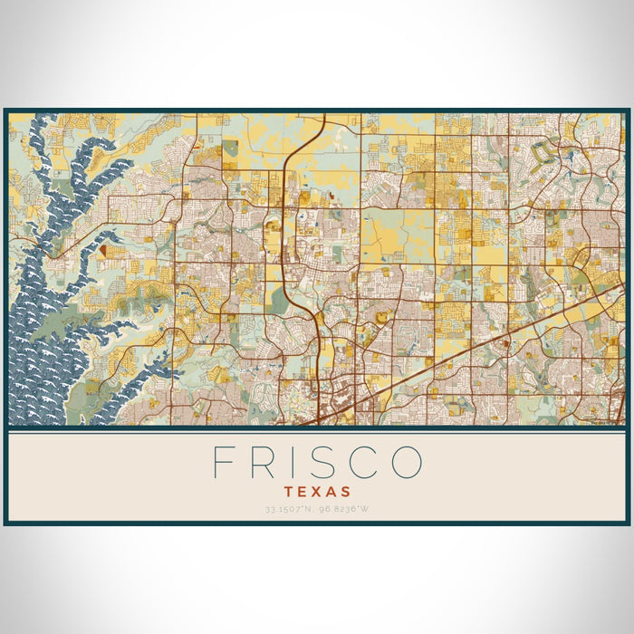 Frisco Texas Map Print Landscape Orientation in Woodblock Style With Shaded Background