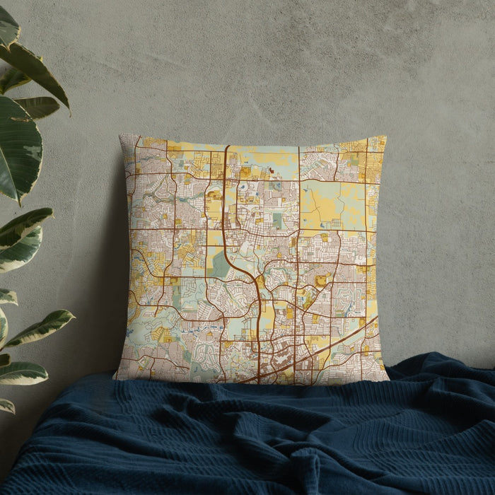 Custom Frisco Texas Map Throw Pillow in Woodblock on Bedding Against Wall