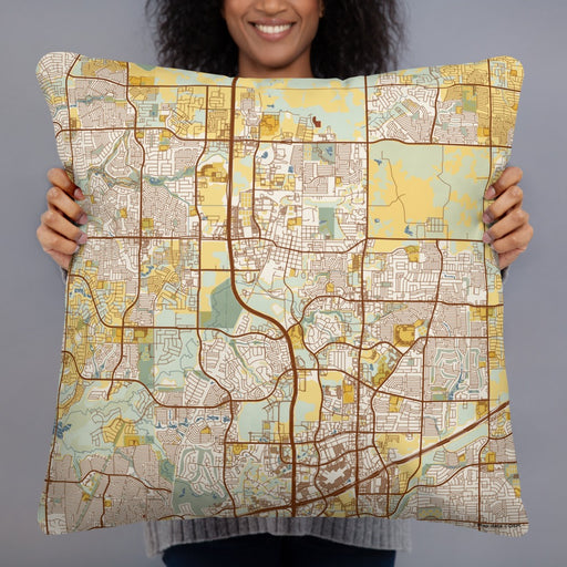 Person holding 22x22 Custom Frisco Texas Map Throw Pillow in Woodblock