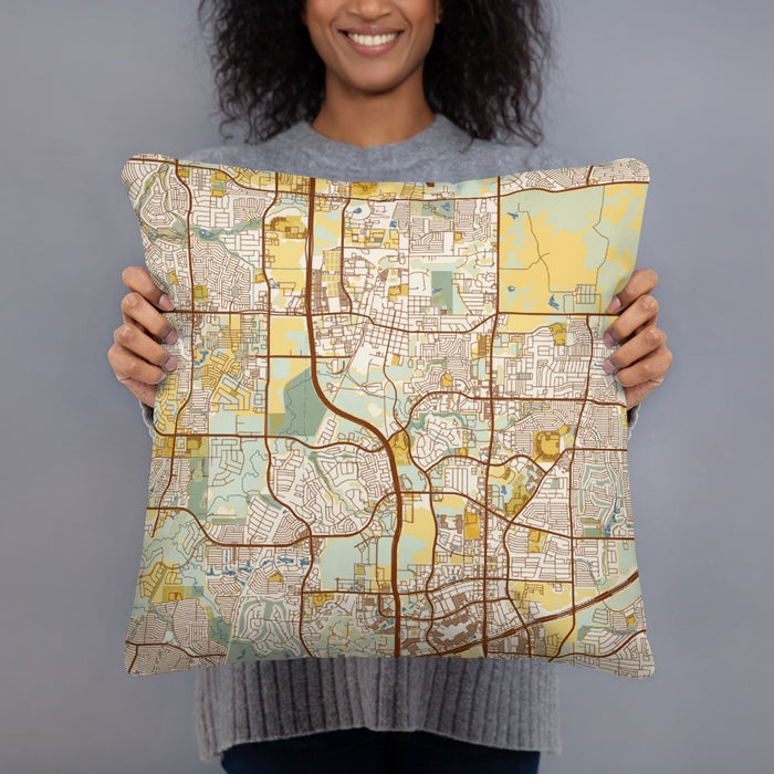 Person holding 18x18 Custom Frisco Texas Map Throw Pillow in Woodblock