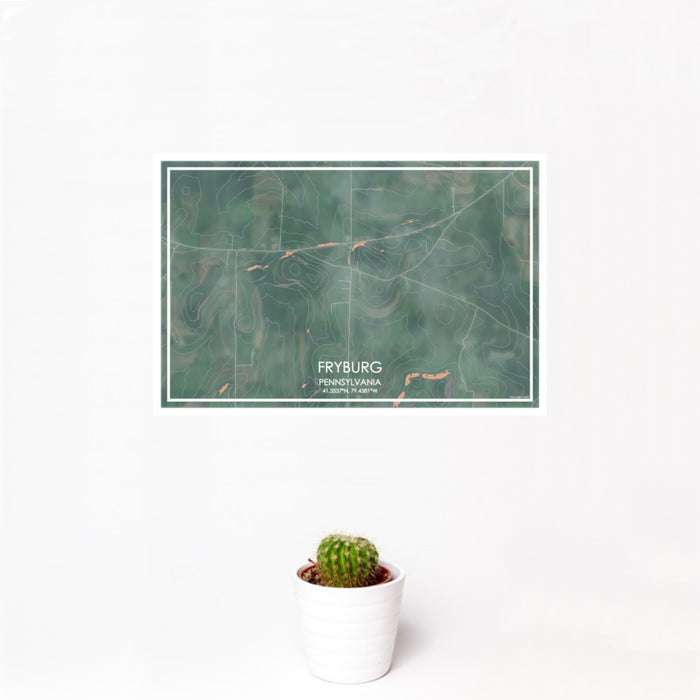 12x18 Fryburg Pennsylvania Map Print Landscape Orientation in Afternoon Style With Small Cactus Plant in White Planter