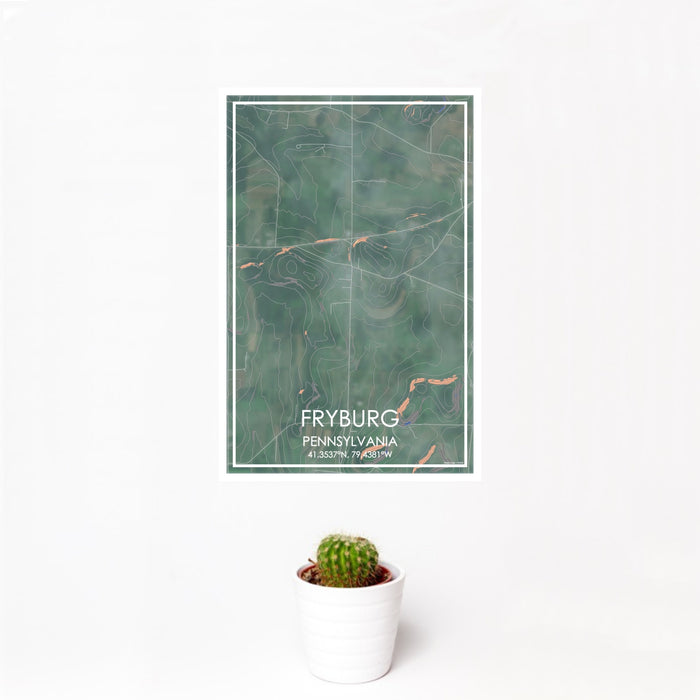 12x18 Fryburg Pennsylvania Map Print Portrait Orientation in Afternoon Style With Small Cactus Plant in White Planter
