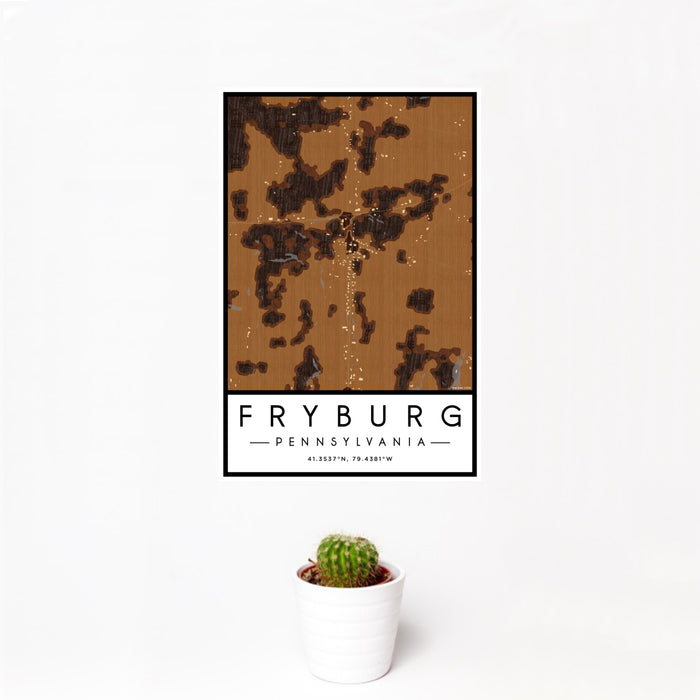 12x18 Fryburg Pennsylvania Map Print Portrait Orientation in Ember Style With Small Cactus Plant in White Planter
