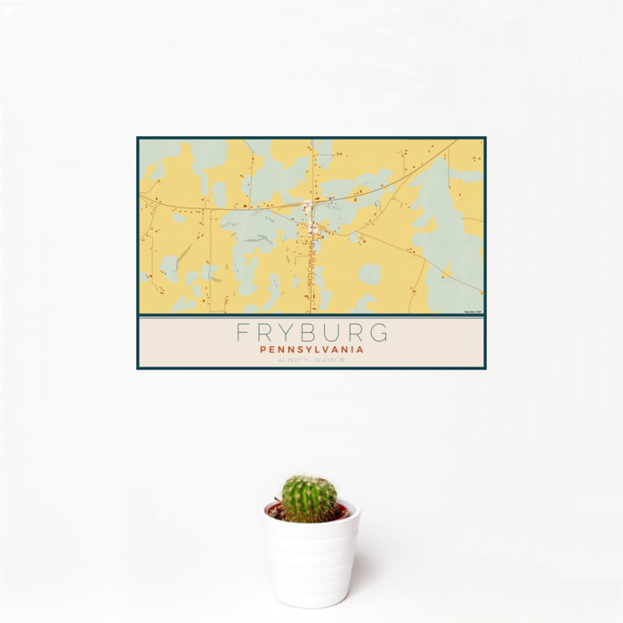 12x18 Fryburg Pennsylvania Map Print Landscape Orientation in Woodblock Style With Small Cactus Plant in White Planter