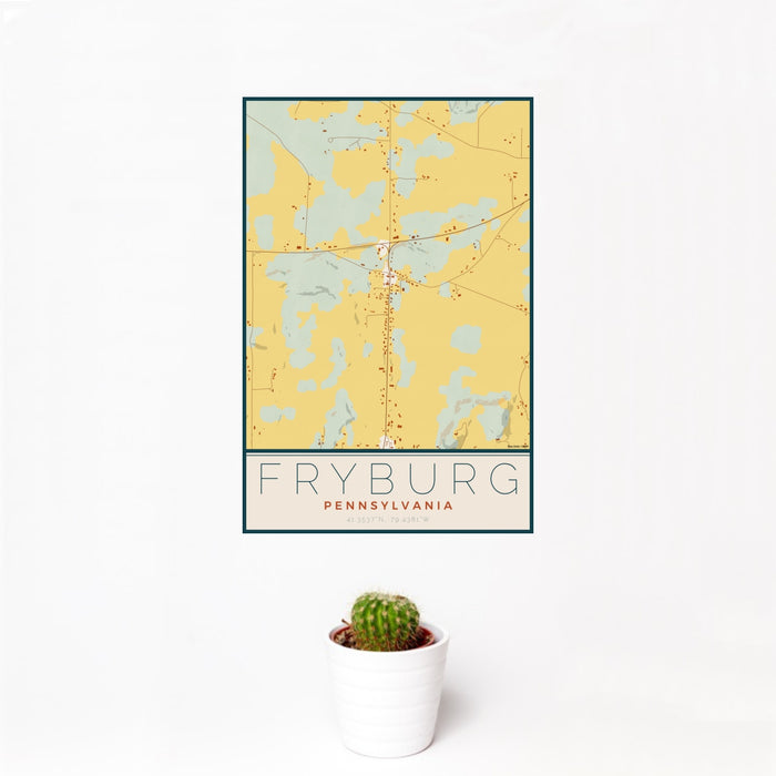 12x18 Fryburg Pennsylvania Map Print Portrait Orientation in Woodblock Style With Small Cactus Plant in White Planter