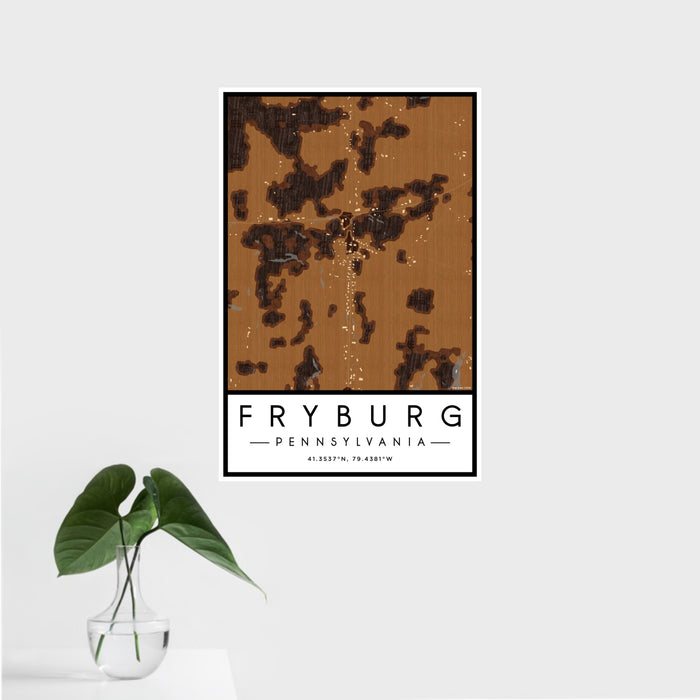 16x24 Fryburg Pennsylvania Map Print Portrait Orientation in Ember Style With Tropical Plant Leaves in Water