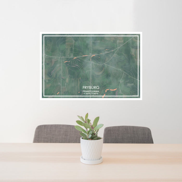 24x36 Fryburg Pennsylvania Map Print Lanscape Orientation in Afternoon Style Behind 2 Chairs Table and Potted Plant