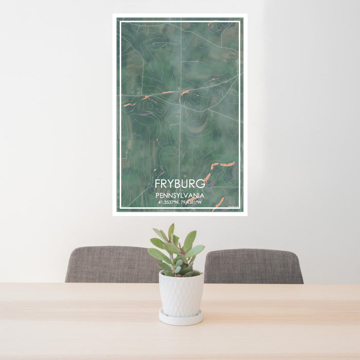 24x36 Fryburg Pennsylvania Map Print Portrait Orientation in Afternoon Style Behind 2 Chairs Table and Potted Plant