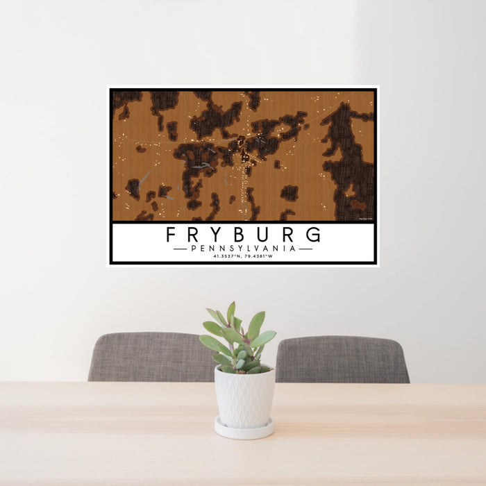 24x36 Fryburg Pennsylvania Map Print Lanscape Orientation in Ember Style Behind 2 Chairs Table and Potted Plant