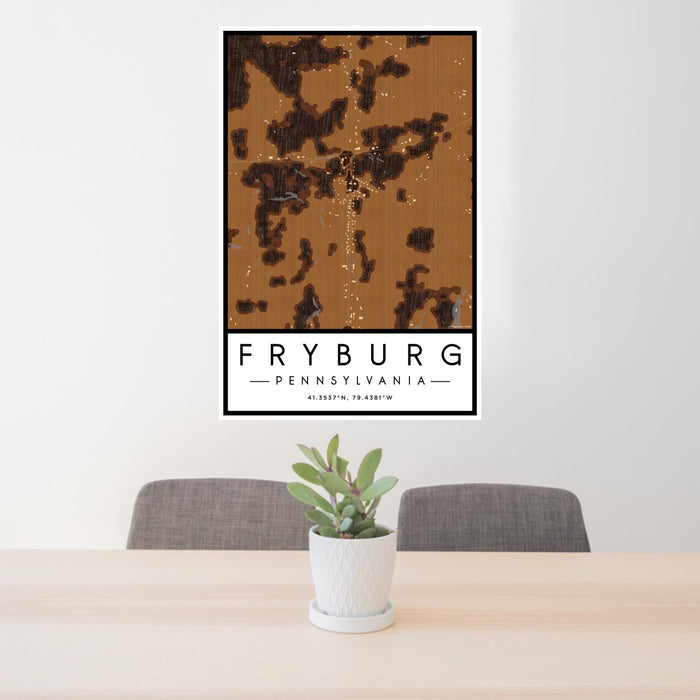 24x36 Fryburg Pennsylvania Map Print Portrait Orientation in Ember Style Behind 2 Chairs Table and Potted Plant