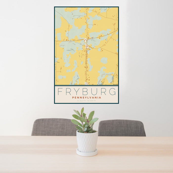 24x36 Fryburg Pennsylvania Map Print Portrait Orientation in Woodblock Style Behind 2 Chairs Table and Potted Plant
