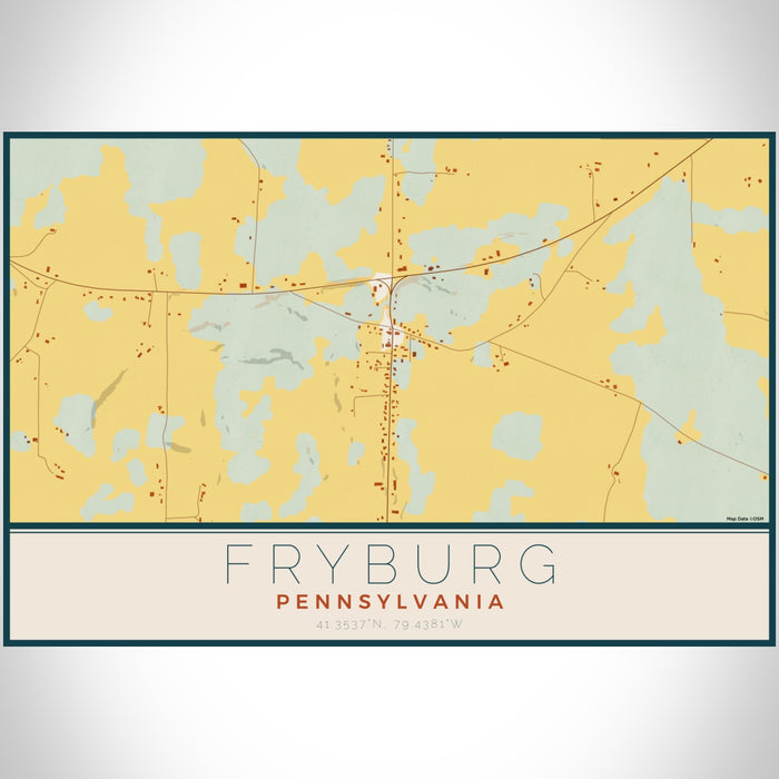 Fryburg Pennsylvania Map Print Landscape Orientation in Woodblock Style With Shaded Background