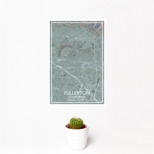 12x18 Fullerton California Map Print Portrait Orientation in Afternoon Style With Small Cactus Plant in White Planter