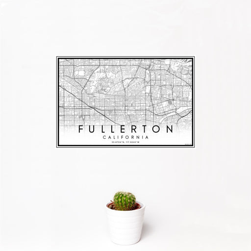 12x18 Fullerton California Map Print Landscape Orientation in Classic Style With Small Cactus Plant in White Planter