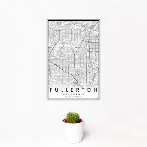 12x18 Fullerton California Map Print Portrait Orientation in Classic Style With Small Cactus Plant in White Planter