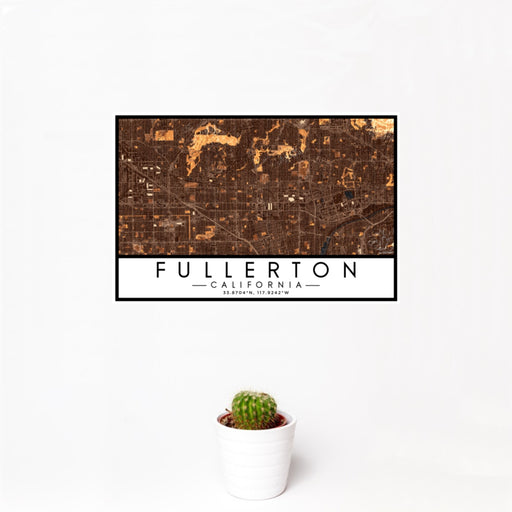 12x18 Fullerton California Map Print Landscape Orientation in Ember Style With Small Cactus Plant in White Planter
