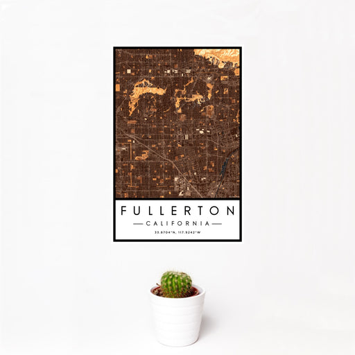 12x18 Fullerton California Map Print Portrait Orientation in Ember Style With Small Cactus Plant in White Planter
