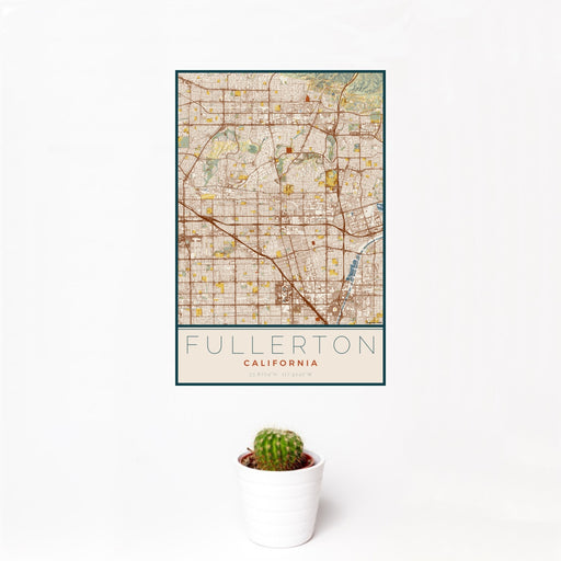 12x18 Fullerton California Map Print Portrait Orientation in Woodblock Style With Small Cactus Plant in White Planter