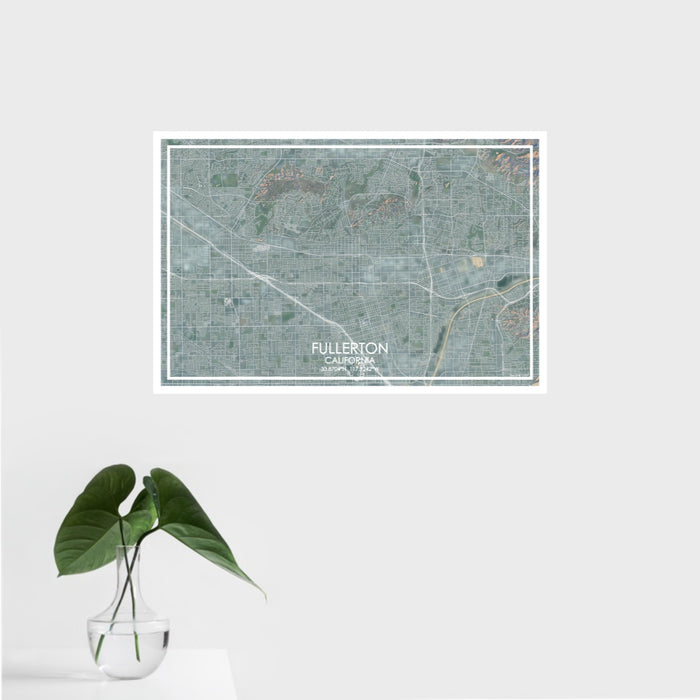 16x24 Fullerton California Map Print Landscape Orientation in Afternoon Style With Tropical Plant Leaves in Water