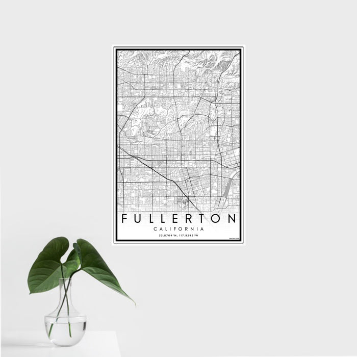 16x24 Fullerton California Map Print Portrait Orientation in Classic Style With Tropical Plant Leaves in Water