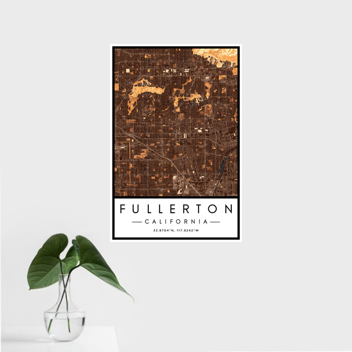 16x24 Fullerton California Map Print Portrait Orientation in Ember Style With Tropical Plant Leaves in Water