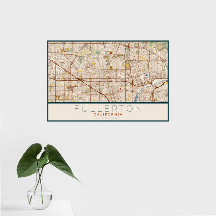 16x24 Fullerton California Map Print Landscape Orientation in Woodblock Style With Tropical Plant Leaves in Water