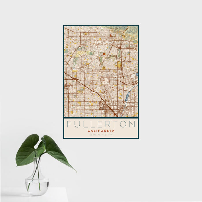16x24 Fullerton California Map Print Portrait Orientation in Woodblock Style With Tropical Plant Leaves in Water