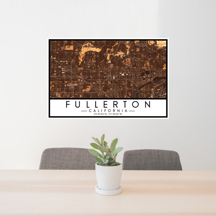 24x36 Fullerton California Map Print Lanscape Orientation in Ember Style Behind 2 Chairs Table and Potted Plant