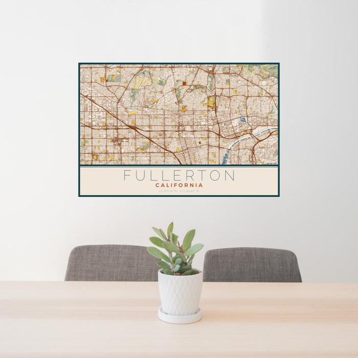 24x36 Fullerton California Map Print Lanscape Orientation in Woodblock Style Behind 2 Chairs Table and Potted Plant