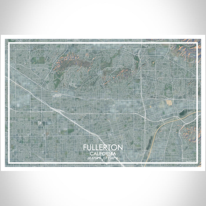 Fullerton California Map Print Landscape Orientation in Afternoon Style With Shaded Background