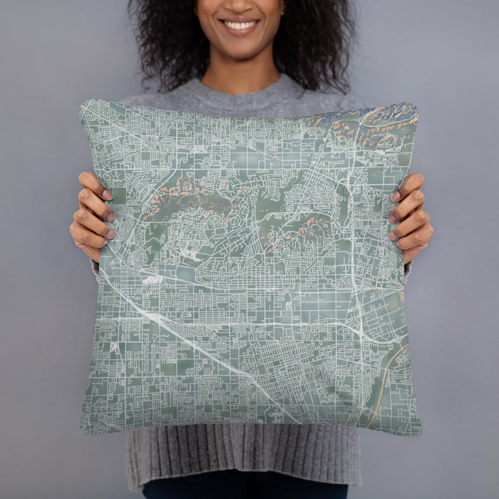 Person holding 18x18 Custom Fullerton California Map Throw Pillow in Afternoon