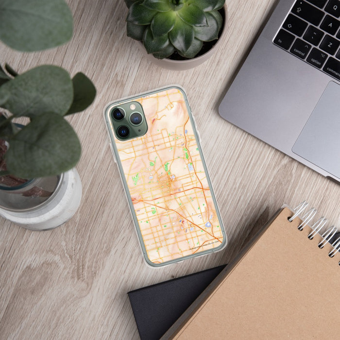 Custom Fullerton California Map Phone Case in Watercolor on Table with Laptop and Plant