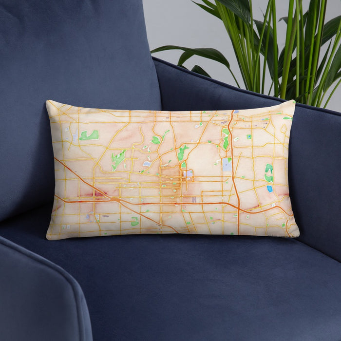 Custom Fullerton California Map Throw Pillow in Watercolor on Blue Colored Chair