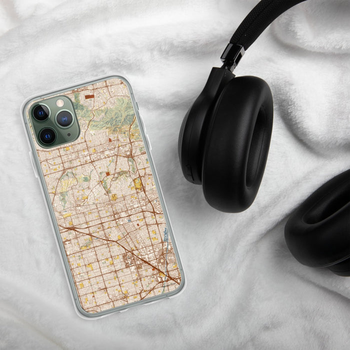 Custom Fullerton California Map Phone Case in Woodblock on Table with Black Headphones