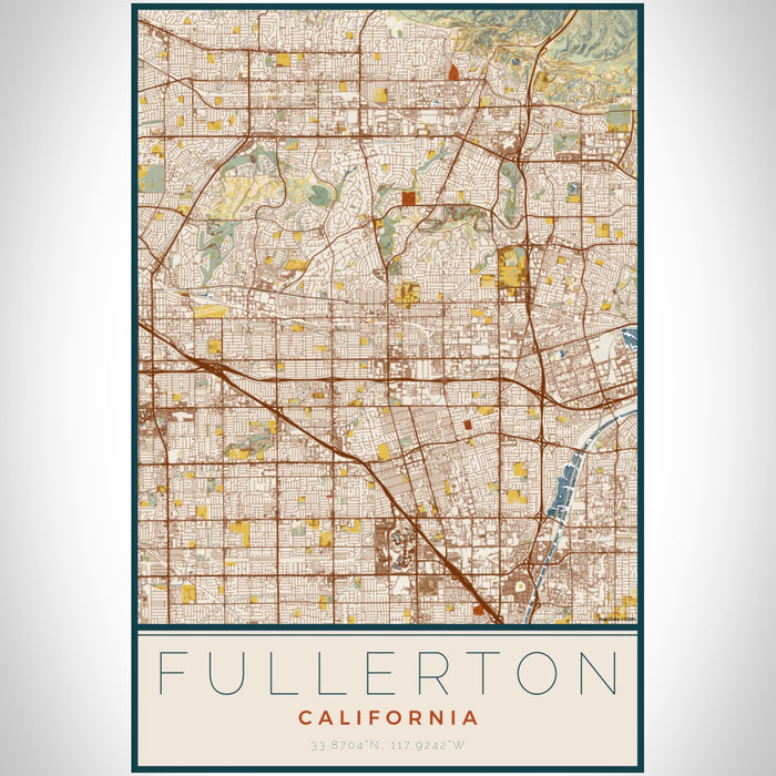 Fullerton California Map Print Portrait Orientation in Woodblock Style With Shaded Background