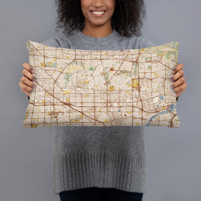 Person holding 20x12 Custom Fullerton California Map Throw Pillow in Woodblock