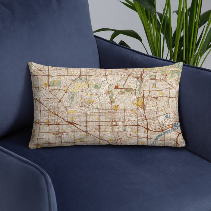 Custom Fullerton California Map Throw Pillow in Woodblock on Blue Colored Chair