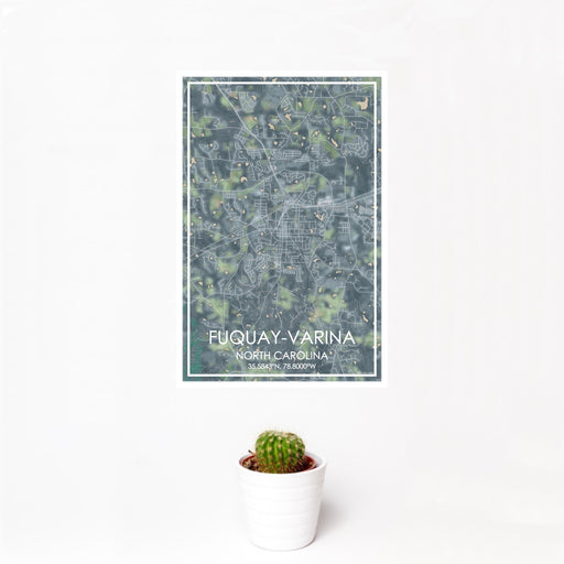 12x18 Fuquay-Varina North Carolina Map Print Portrait Orientation in Afternoon Style With Small Cactus Plant in White Planter