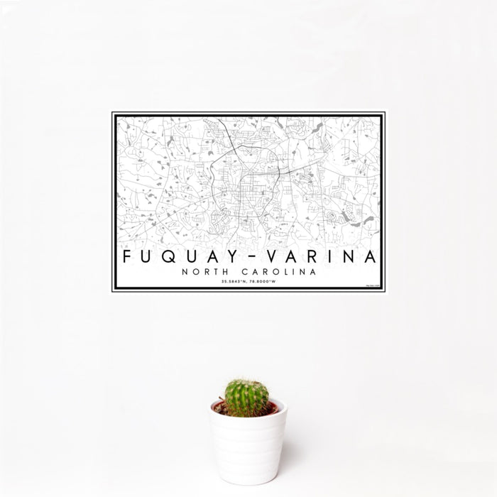12x18 Fuquay-Varina North Carolina Map Print Landscape Orientation in Classic Style With Small Cactus Plant in White Planter