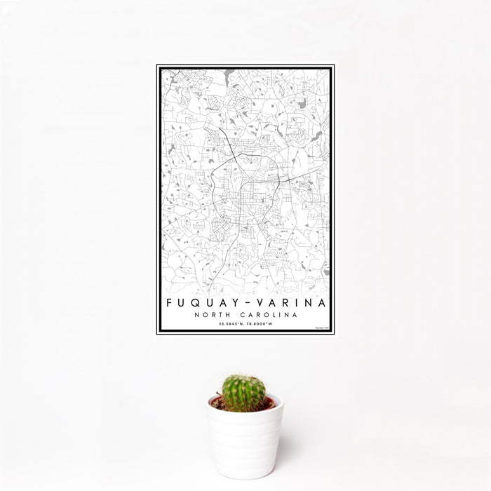 12x18 Fuquay-Varina North Carolina Map Print Portrait Orientation in Classic Style With Small Cactus Plant in White Planter