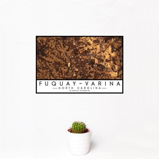 12x18 Fuquay-Varina North Carolina Map Print Landscape Orientation in Ember Style With Small Cactus Plant in White Planter
