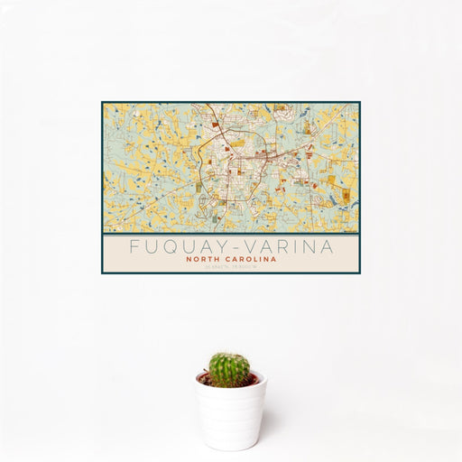 12x18 Fuquay-Varina North Carolina Map Print Landscape Orientation in Woodblock Style With Small Cactus Plant in White Planter