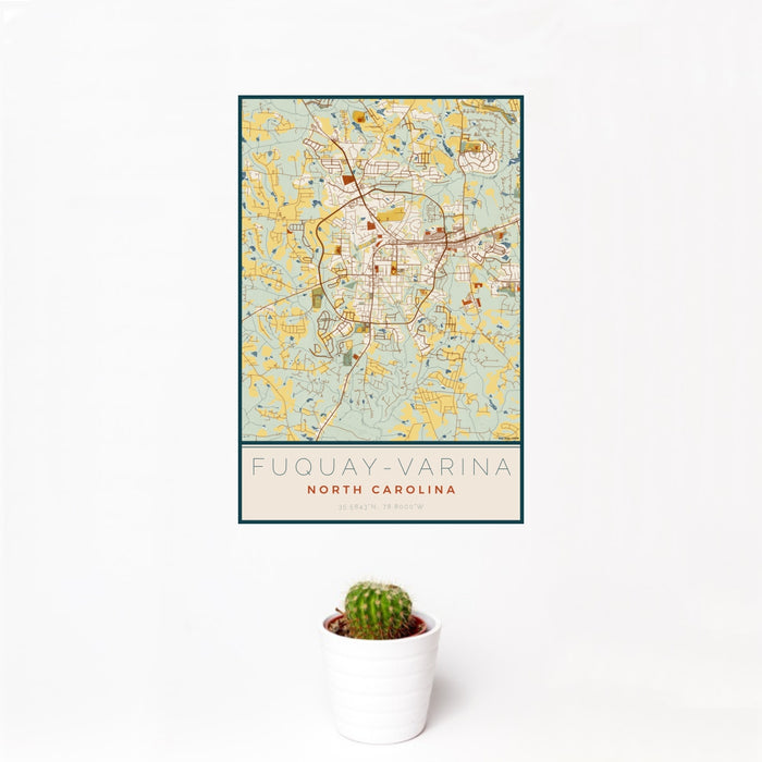 12x18 Fuquay-Varina North Carolina Map Print Portrait Orientation in Woodblock Style With Small Cactus Plant in White Planter