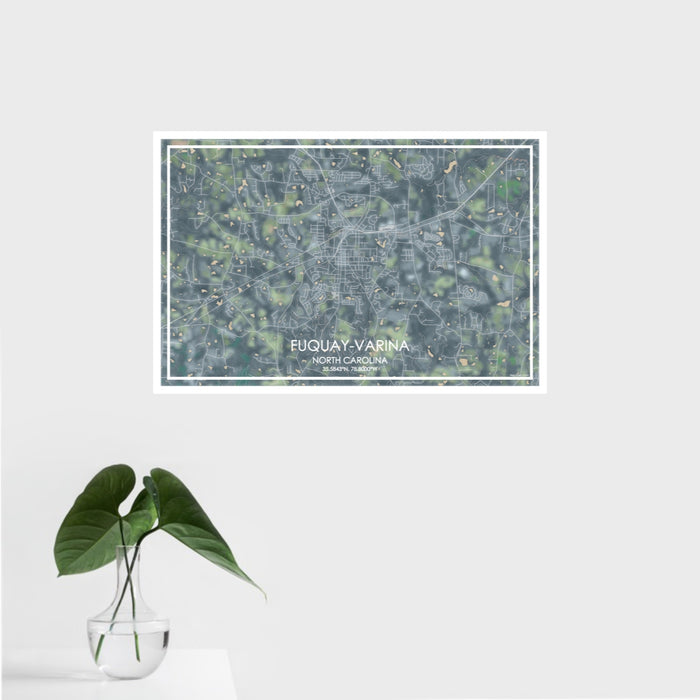 16x24 Fuquay-Varina North Carolina Map Print Landscape Orientation in Afternoon Style With Tropical Plant Leaves in Water