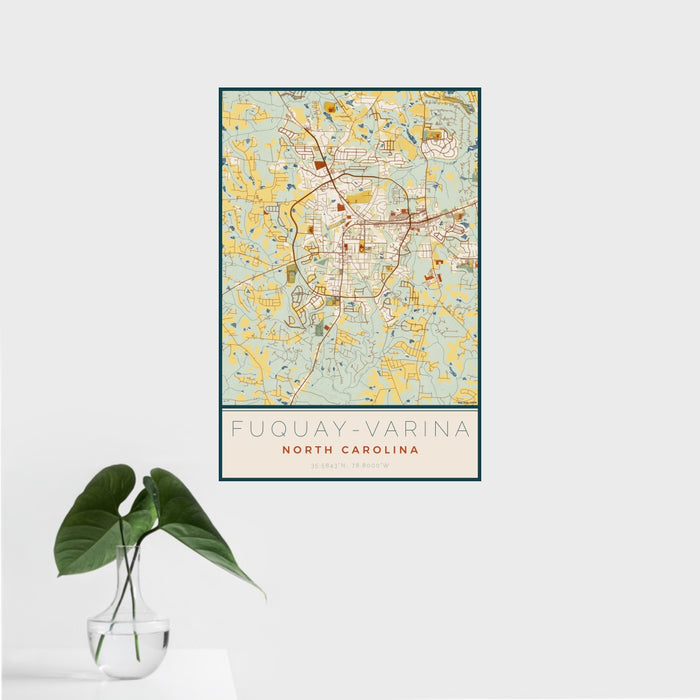 16x24 Fuquay-Varina North Carolina Map Print Portrait Orientation in Woodblock Style With Tropical Plant Leaves in Water