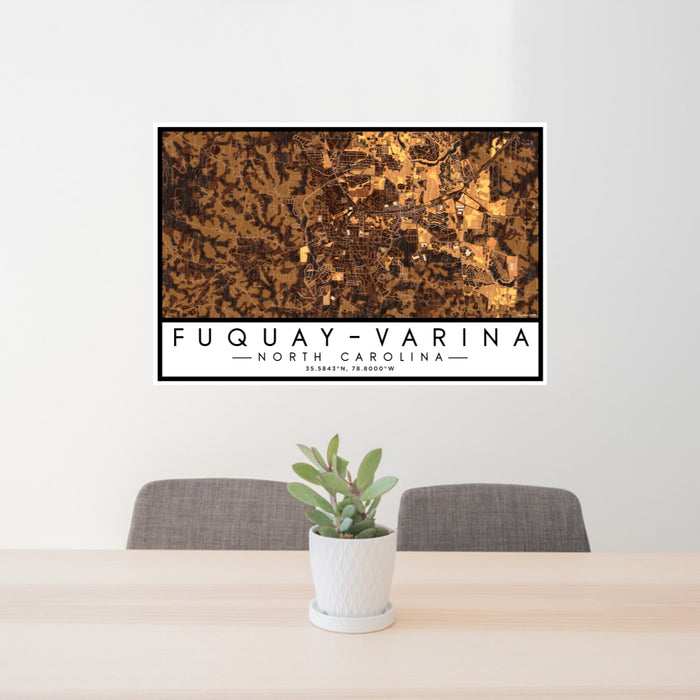 24x36 Fuquay-Varina North Carolina Map Print Lanscape Orientation in Ember Style Behind 2 Chairs Table and Potted Plant