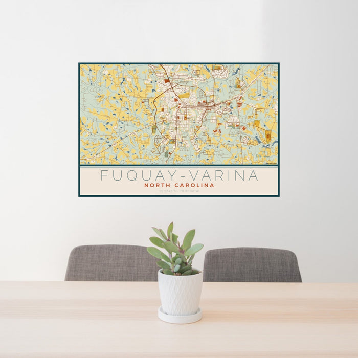 24x36 Fuquay-Varina North Carolina Map Print Lanscape Orientation in Woodblock Style Behind 2 Chairs Table and Potted Plant